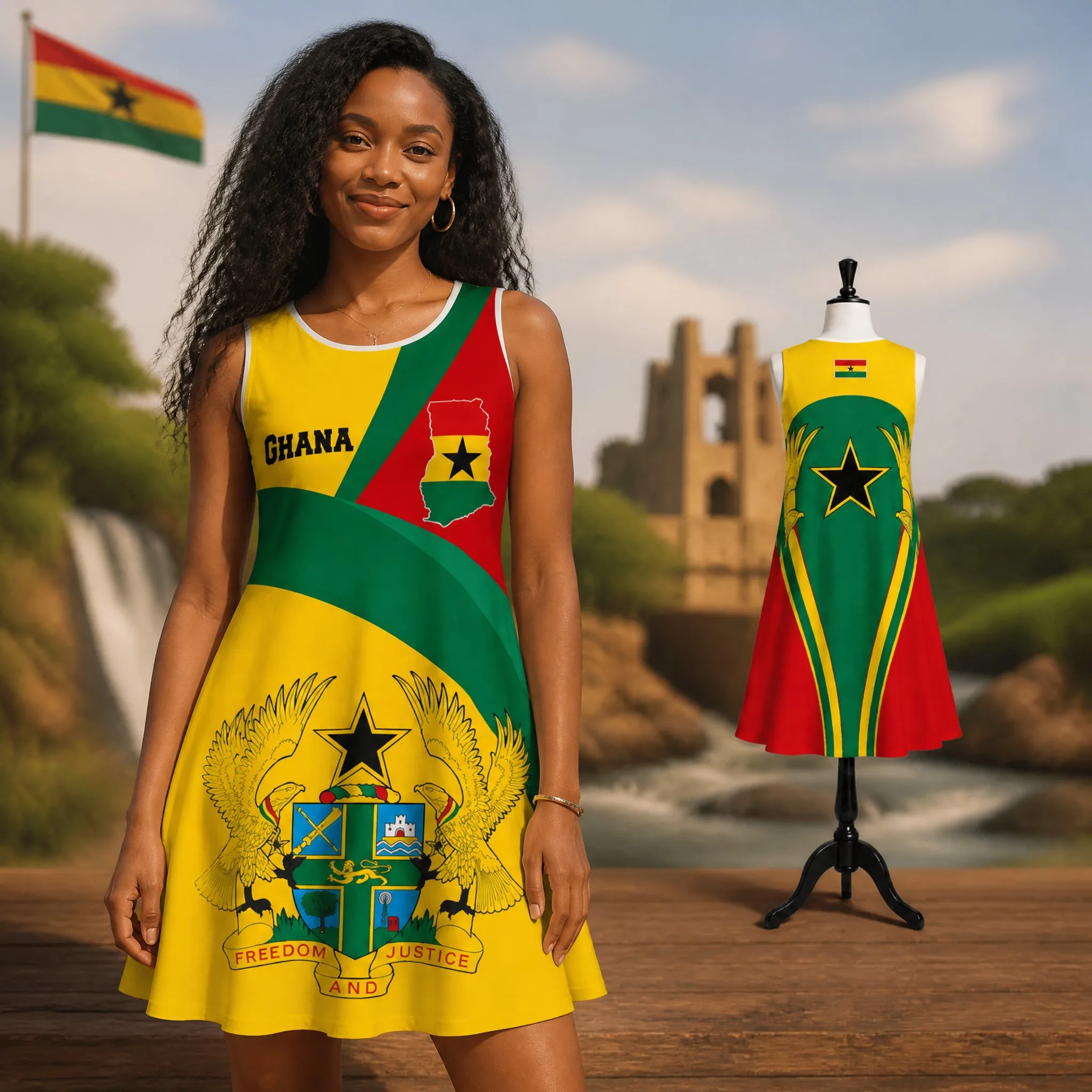 Women Sleeveless Loose Dress Ghana Colorblock Crest Print A Line Casual Summer Sundress Soft Swing Fit Scenic Travel Wear Modern
Women Sleeveless Loose Dress Ghana Colorblock Crest Print A Line Casual Summer Sundress Soft Swing Fit Scenic Travel Wear Modern
