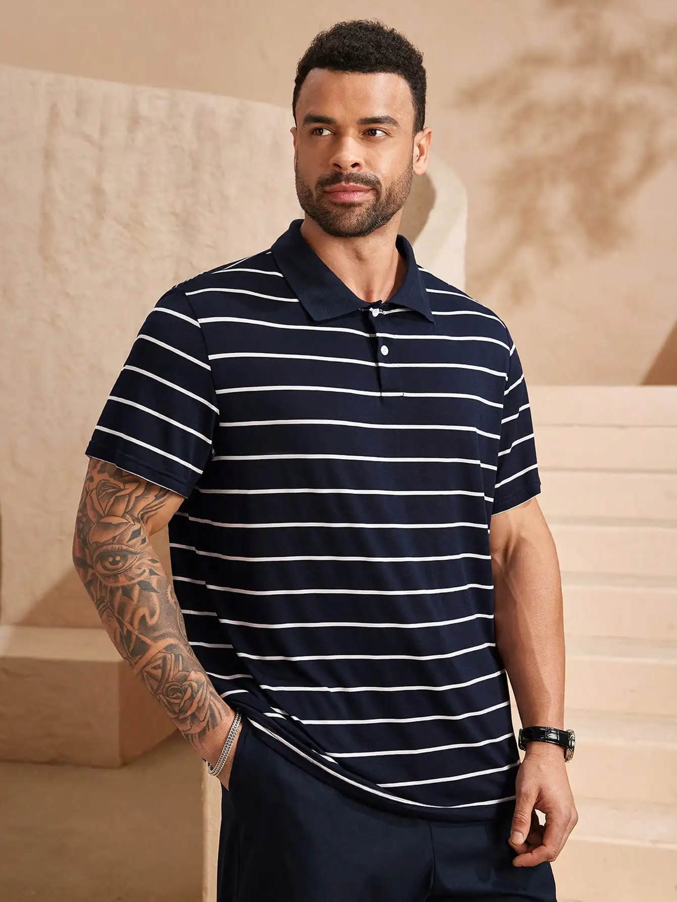Men's Loose Fit Striped Polo Shirt, Navy Blue with White Stripes, Short Sleeve
Men's Loose Fit Striped Polo Shirt, Navy Blue with White Stripes, Short Sleeve