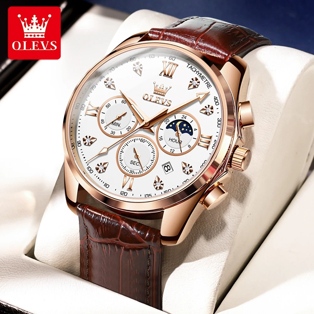 OLEVS Fashion Chronograph Quartz Watch Men Leather Strap Waterproof Luxury Moon Phase Mens Watches Top Brand Luxury Wristwatch
OLEVS Fashion Chronograph Quartz Watch Men Leather Strap Waterproof Luxury Moon Phase Mens Watches Top Brand Luxury Wristwatch