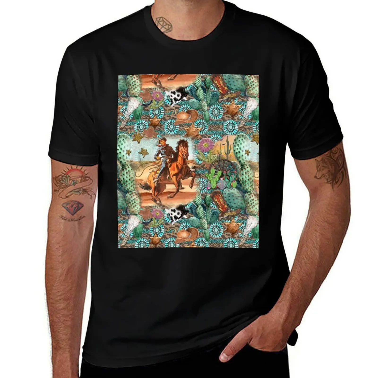 Vintage Cowboy with turquoise jewelry, cactus and cowhide T-Shirt Functional Casual Short Sleeve Tee
Vintage Cowboy with turquoise jewelry, cactus and cowhide T-Shirt Functional Casual Short Sleeve Tee