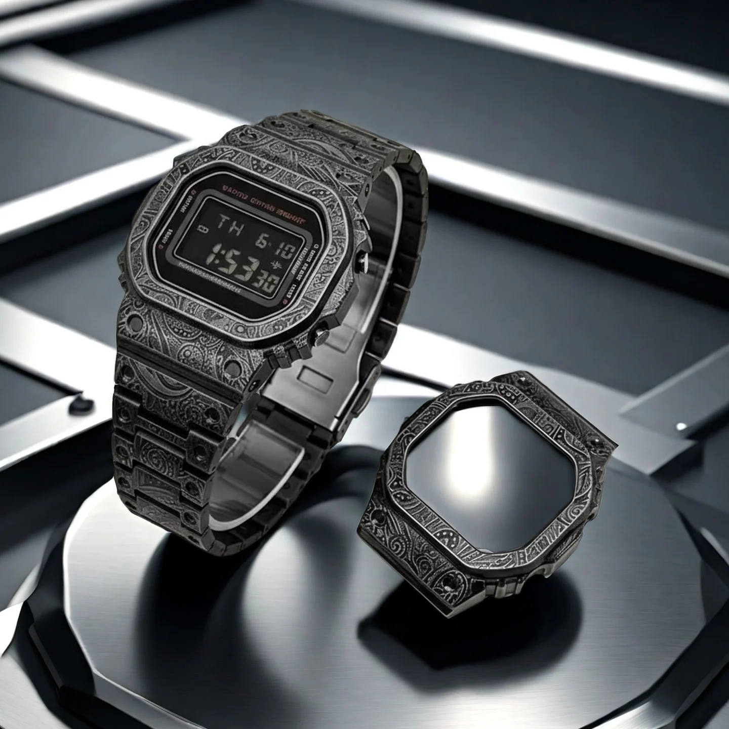 Модифицированный металлический ремешок для часов DW-H5600 с резным узором, совместимый с маленьким квадратным корпусом часов Casio DW-H5600 из нержавеющей стали.
Модифицированный металлический ремешок для часов DW-H5600 с резным узором, совместимый с маленьким квадратным корпусом часов Casio DW-H5600 из нержавеющей стали.