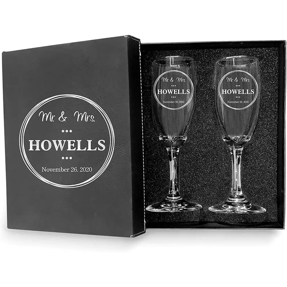 Custom Engraved Wedding Champagne Flutes Set for Bride and Groom with Names, Last Name, and Date
Custom Engraved Wedding Champagne Flutes Set for Bride and Groom with Names, Last Name, and Date