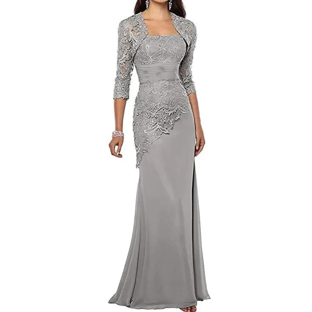 Customized Chiffon Lace Mother of the Bride Dresses with Jacket Applique Three Quarter Long Sleeves Mermaid Wedding Party Dress
Customized Chiffon Lace Mother of the Bride Dresses with Jacket Applique Three Quarter Long Sleeves Mermaid Wedding Party Dress
