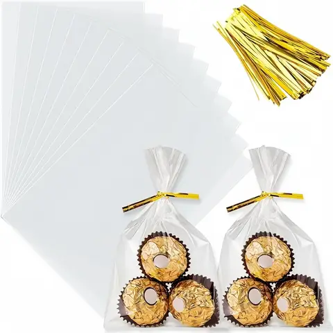 100 PCS Clear Cellophane Bags with Color Twist Ties for Cookies Candy Popcorn Small Gifts Party Favor Goodie Bags