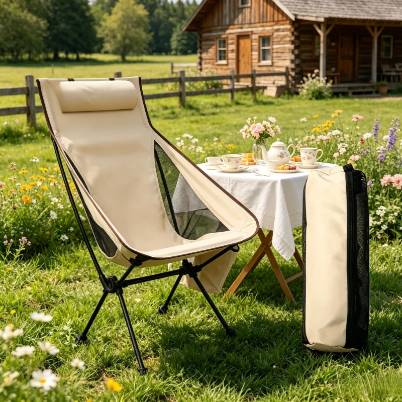 Portable beige high back camping chair, foldable design with headrest, tough aluminum alloy for travel, picnic and outdoor resti
Portable beige high back camping chair, foldable design with headrest, tough aluminum alloy for travel, picnic and outdoor resti