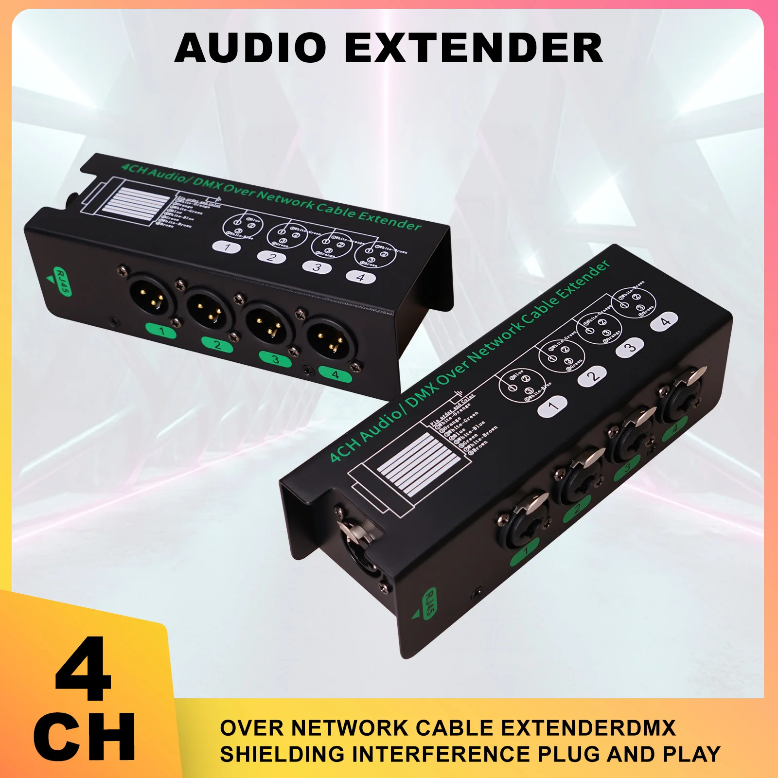 RJ45 to 4 Channel 3Pin XLR Audio cable Extender DMX512 Network signal Extender For Stage Sound Lighting and Recording Studio
RJ45 to 4 Channel 3Pin XLR Audio cable Extender DMX512 Network signal Extender For Stage Sound Lighting and Recording Studio
