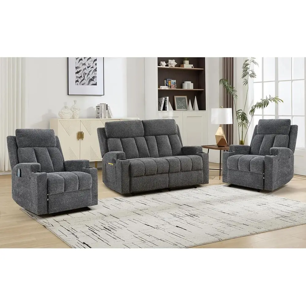 Fabric Recliner Living Room Furniture Set: 2 Reclining Chairs & Loveseat with Side Pockets & Cup Holders, Gray
Fabric Recliner Living Room Furniture Set: 2 Reclining Chairs & Loveseat with Side Pockets & Cup Holders, Gray