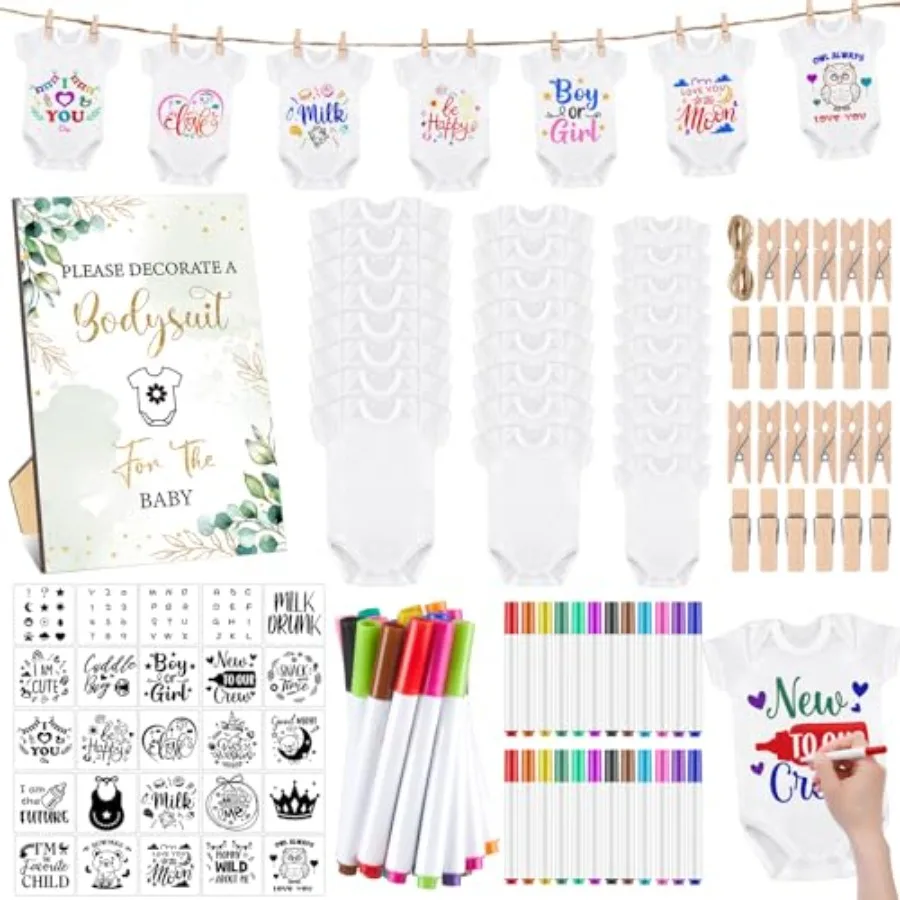 126 Pcs Baby Shower DIY Bodysuit Set Bib 25 Blank White Newborn Bodysuit 25 Stencils 24 Marker 1 Sign 50 Pins
126 Pcs Baby Shower DIY Bodysuit Set Bib 25 Blank White Newborn Bodysuit 25 Stencils 24 Marker 1 Sign 50 Pins