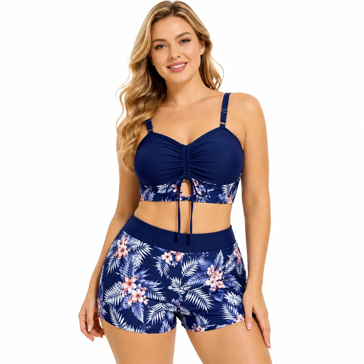 Plus Size Bikini Set Women Two Piece Navy Floral Swimwear with Ruched Drawstring Top and Shorts Bottom for Beach Vacation
Plus Size Bikini Set Women Two Piece Navy Floral Swimwear with Ruched Drawstring Top and Shorts Bottom for Beach Vacation