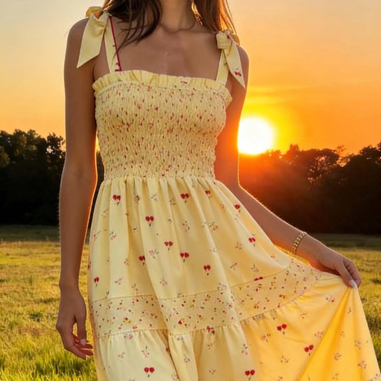 Women’s Tie Shoulder Dress Summer Sleeveless Square Neck Cherry Floral Print Dress Long Smocked Dress
Women’s Tie Shoulder Dress Summer Sleeveless Square Neck Cherry Floral Print Dress Long Smocked Dress