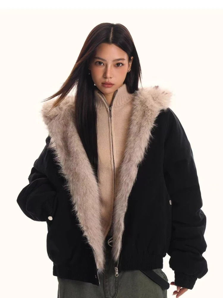 American black retro hooded wool collar cotton jacket new winter thickening design loose zipper warm cotton jacket lazy style
American black retro hooded wool collar cotton jacket new winter thickening design loose zipper warm cotton jacket lazy style