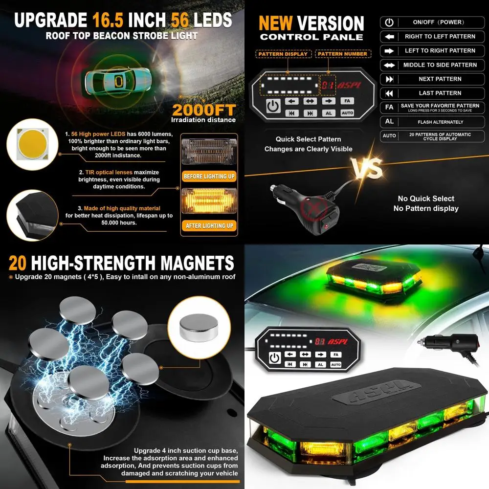 16.5 Inch LED Magnetic Beacon Light Bar with 56 LEDs, Amber/Green, for Vehicle Warning and Traffic Safety
16.5 Inch LED Magnetic Beacon Light Bar with 56 LEDs, Amber/Green, for Vehicle Warning and Traffic Safety