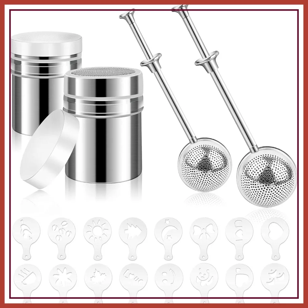 20pcs Powder Sugar Shaker Flour Duster Set Stainless Steel with Spring-Operated Handle & 16pcs Stencils for Coffee Latte Art
20pcs Powder Sugar Shaker Flour Duster Set Stainless Steel with Spring-Operated Handle & 16pcs Stencils for Coffee Latte Art