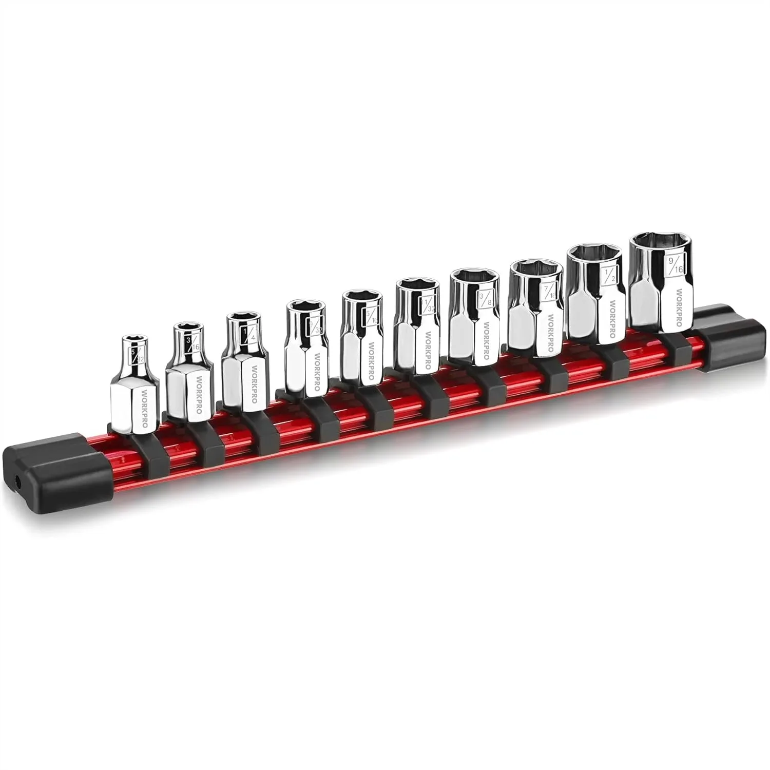 1/4" Drive Socket Set 10-Piece SAE with Organizer Rail for Anti Rolling, External Hex Sockets 5/32" to 9/16"
1/4" Drive Socket Set 10-Piece SAE with Organizer Rail for Anti Rolling, External Hex Sockets 5/32" to 9/16"