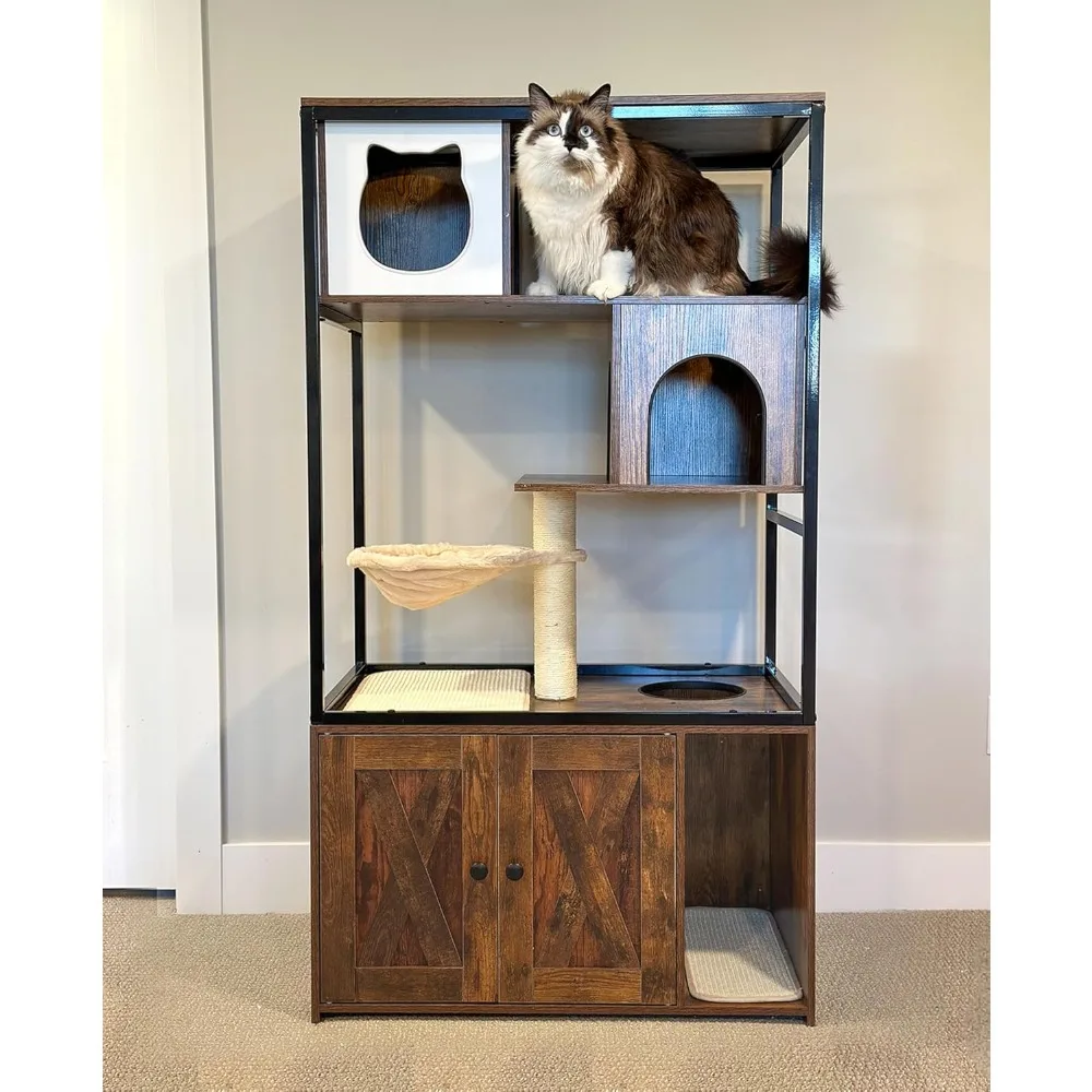LUCK Cat Litter Box Furniture Enclosure 4 Tiers Wooden Cat Tree Hidden Cabinet With Condo, Hammock, Scratching Tree
LUCK Cat Litter Box Furniture Enclosure 4 Tiers Wooden Cat Tree Hidden Cabinet With Condo, Hammock, Scratching Tree
