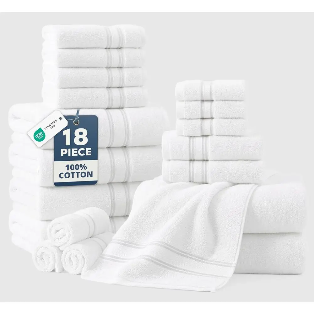 18-Piece Cotton Towel Set: 6 Bath, 6 Hand, 6 Washcloths, Durable & Quick-Dry, Ideal for Family Bathrooms, Easy Care, White
18-Piece Cotton Towel Set: 6 Bath, 6 Hand, 6 Washcloths, Durable & Quick-Dry, Ideal for Family Bathrooms, Easy Care, White