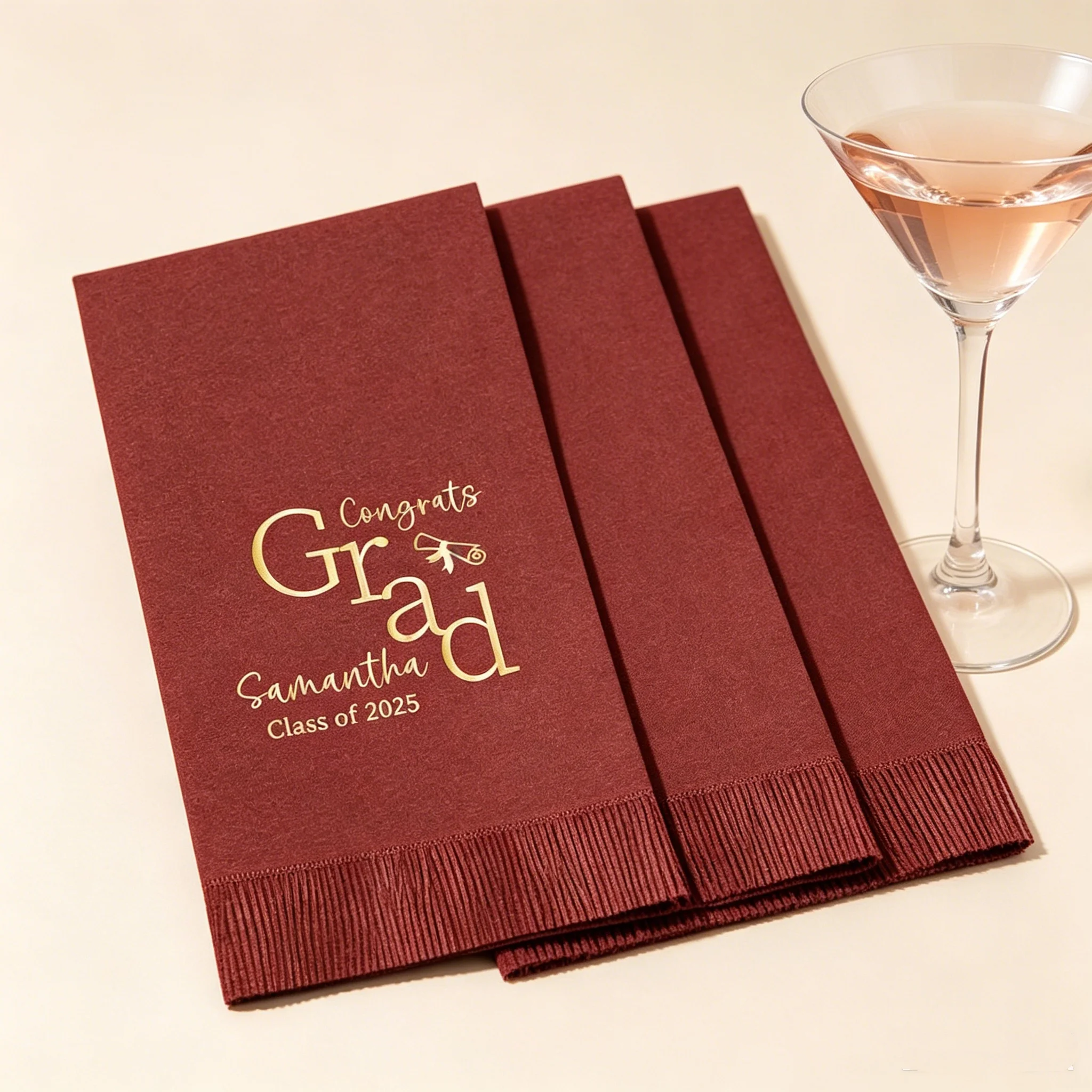 50pcs Custom Burgundy Gold Foil Graduation Napkins, Personalized "Congrats Grad" Class of 2025 Name Printed Cocktail Napkins for
50pcs Custom Burgundy Gold Foil Graduation Napkins, Personalized "Congrats Grad" Class of 2025 Name Printed Cocktail Napkins for
