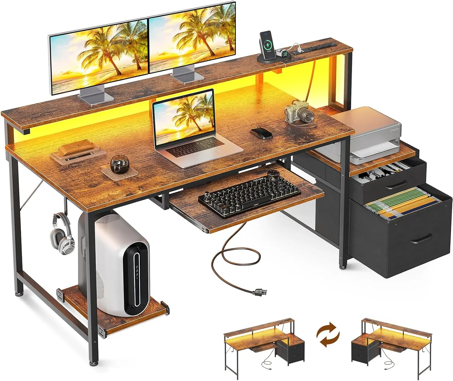Computer Desk with Drawers and Keyboard Tray, 55" Office Desk with Power Outlet and LED Lights, Reversible Study Work Desk
Computer Desk with Drawers and Keyboard Tray, 55" Office Desk with Power Outlet and LED Lights, Reversible Study Work Desk