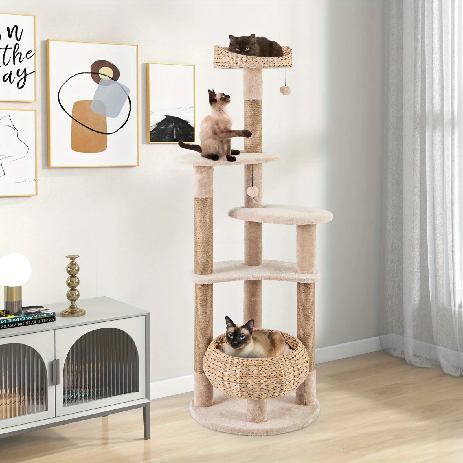 MULTIGOT 65" Cat Tree, Multi-level Cat Tower with Jute Scratching Posts, Dangling Balls, Cattail Basket & Perch, Plush Condo Activity Center for Indoor Cats, Beige & Natural
MULTIGOT 65" Cat Tree, Multi-level Cat Tower with Jute Scratching Posts, Dangling Balls, Cattail Basket & Perch, Plush Condo Activity Center for Indoor Cats, Beige & Natural
