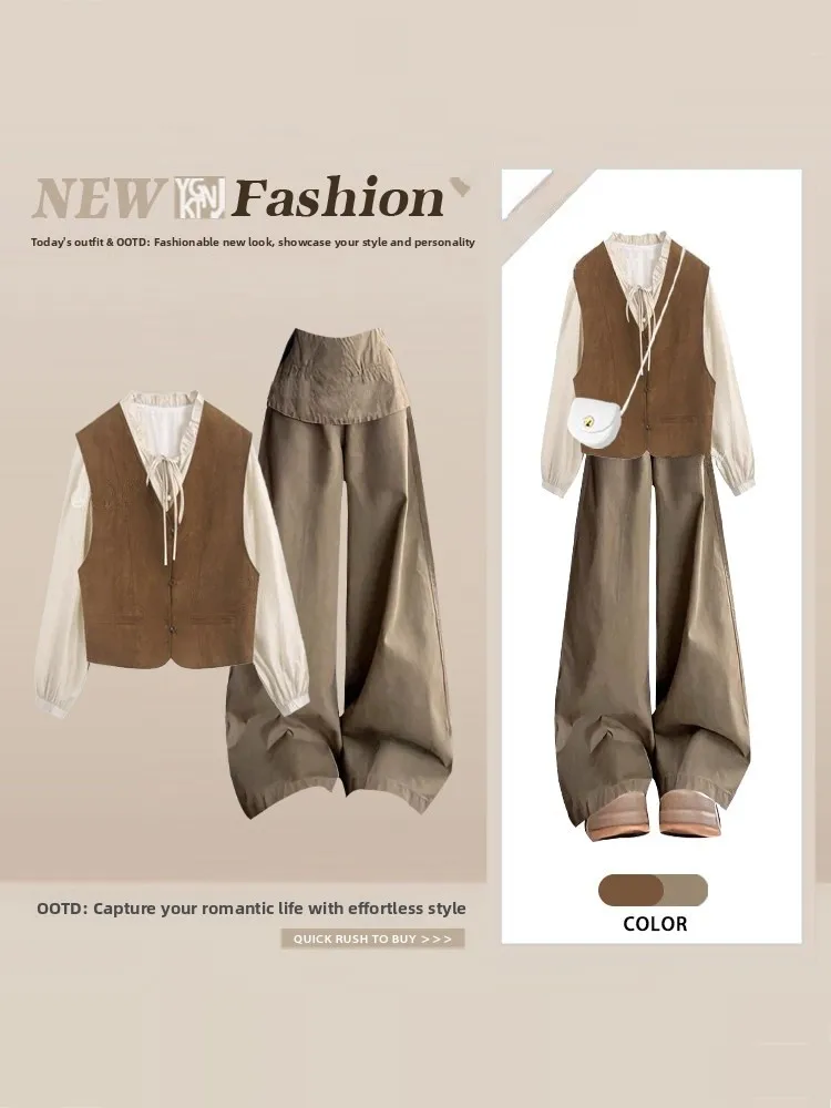 Retro Chiffon Shirt Coffee Color Vest Wide Leg Pants Three Piece Set Women's Spring Slimming Hong Kong Style Fashion Ensemble
Retro Chiffon Shirt Coffee Color Vest Wide Leg Pants Three Piece Set Women's Spring Slimming Hong Kong Style Fashion Ensemble