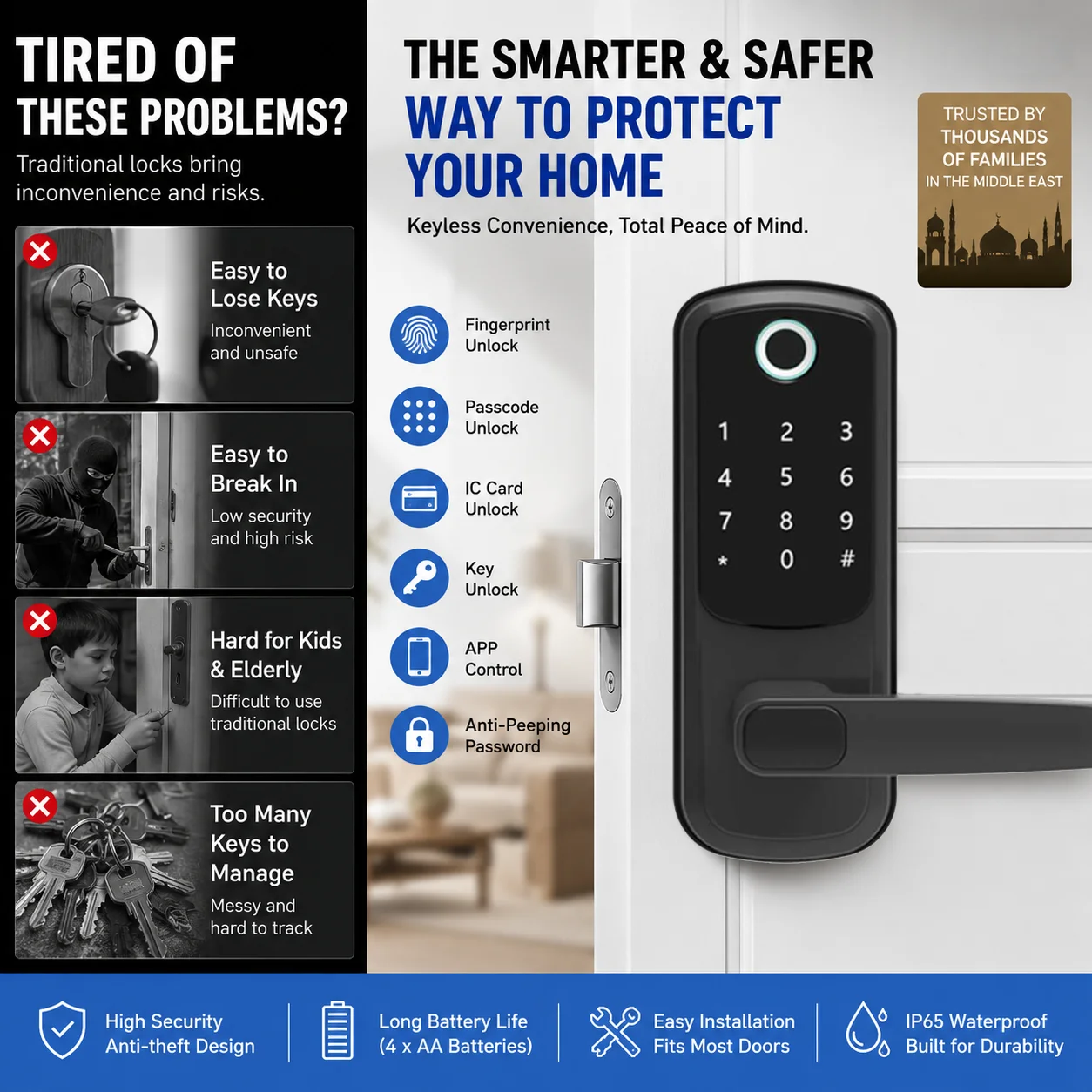 Smart Door Lock 6-in-1 Keyless Entry Door Lock with Fingerprint App Control Electronic Keypad, IC Card Auto-Lock Electronic Lock
Smart Door Lock 6-in-1 Keyless Entry Door Lock with Fingerprint App Control Electronic Keypad, IC Card Auto-Lock Electronic Lock