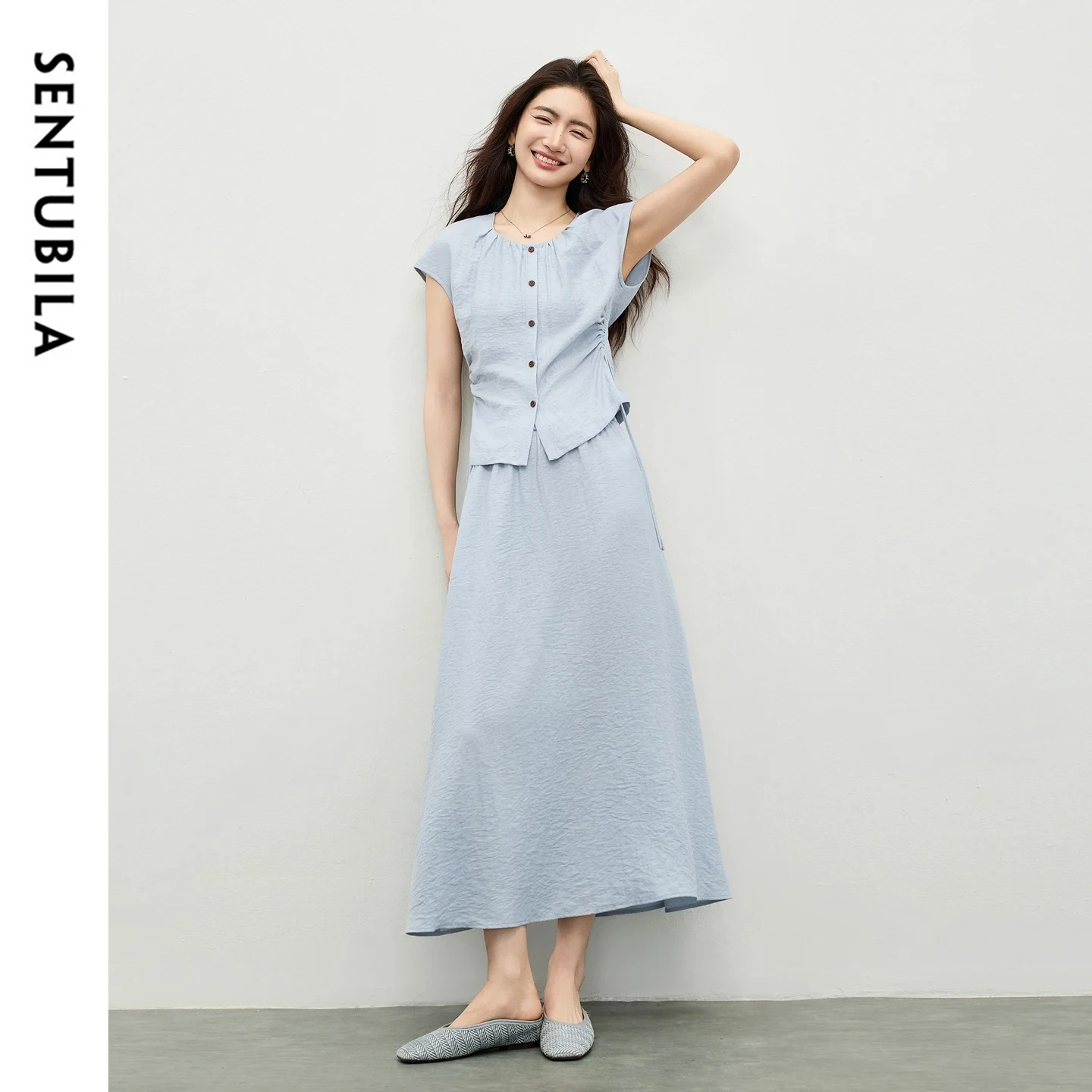 SENTUBILA Elegant Office Suit Women Crew Neck Color Contrast Button Ruched Drawstring Top Elastic Waist A-Line Skirt 162ZK4726
SENTUBILA Elegant Office Suit Women Crew Neck Color Contrast Button Ruched Drawstring Top Elastic Waist A-Line Skirt 162ZK4726