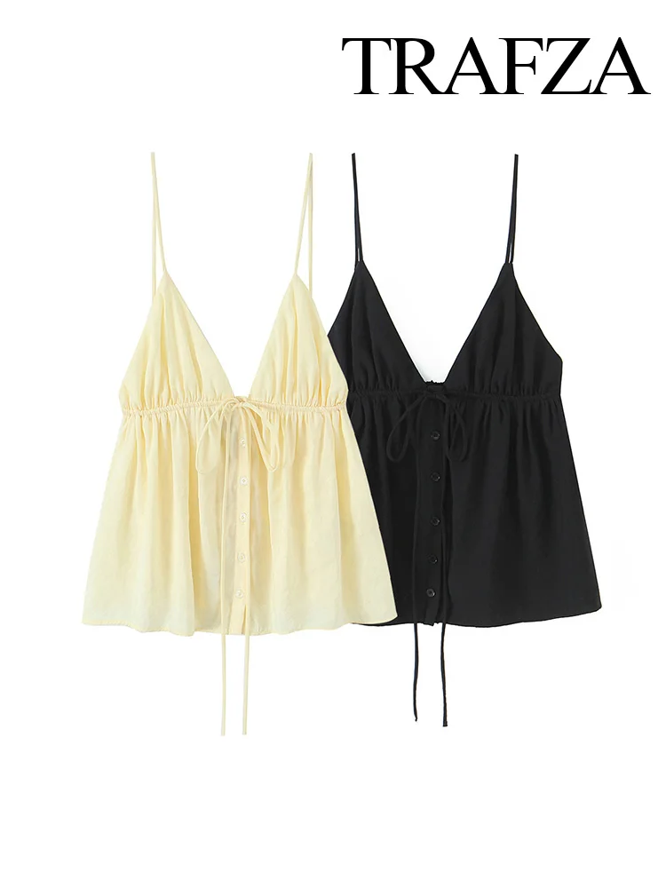 TRAFZA Woman Summer Sexy Backless Solid Deep V-Neck Slim Sling Tops Women Button Bow Lace-up Wrinkles Decorate Sleeveless Top
TRAFZA Woman Summer Sexy Backless Solid Deep V-Neck Slim Sling Tops Women Button Bow Lace-up Wrinkles Decorate Sleeveless Top