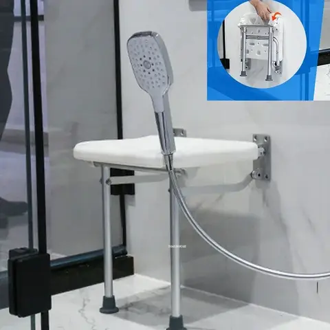 Aluminum Wall-mounted Bathroom Seats Folding Shower Chair Non-slip Barrier-free Bath Chair Elderly Special Stool with LegsN