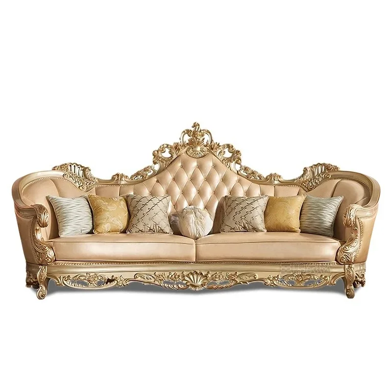 European villa luxury sofa combination living room leather full solid wood carving flower gold foil U-shaped sofa
European villa luxury sofa combination living room leather full solid wood carving flower gold foil U-shaped sofa