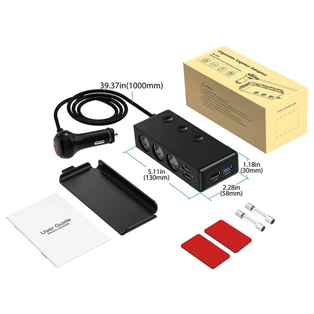 3-in-1 Cigarette Lighter Adapter Quick Charge 3.0 120W 12V/24V 3-Socket Power Splitter LED Display Voltage USB Charger Adapter
3-in-1 Cigarette Lighter Adapter Quick Charge 3.0 120W 12V/24V 3-Socket Power Splitter LED Display Voltage USB Charger Adapter