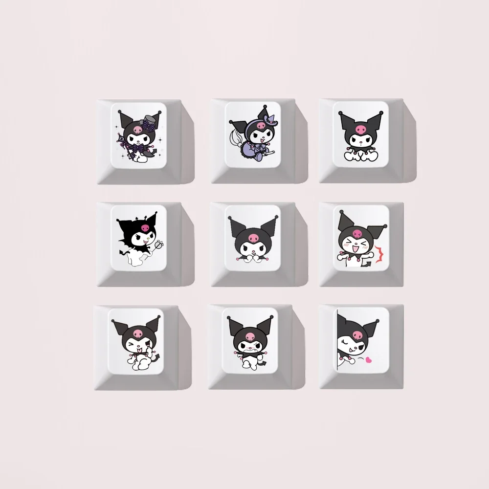 9pcs/set Cartoon Kuromi Keycaps Diy Cross Axis Mechanical Keyboard Cap Cherry Height Pbt White Digital Area R1-R3 Keycap