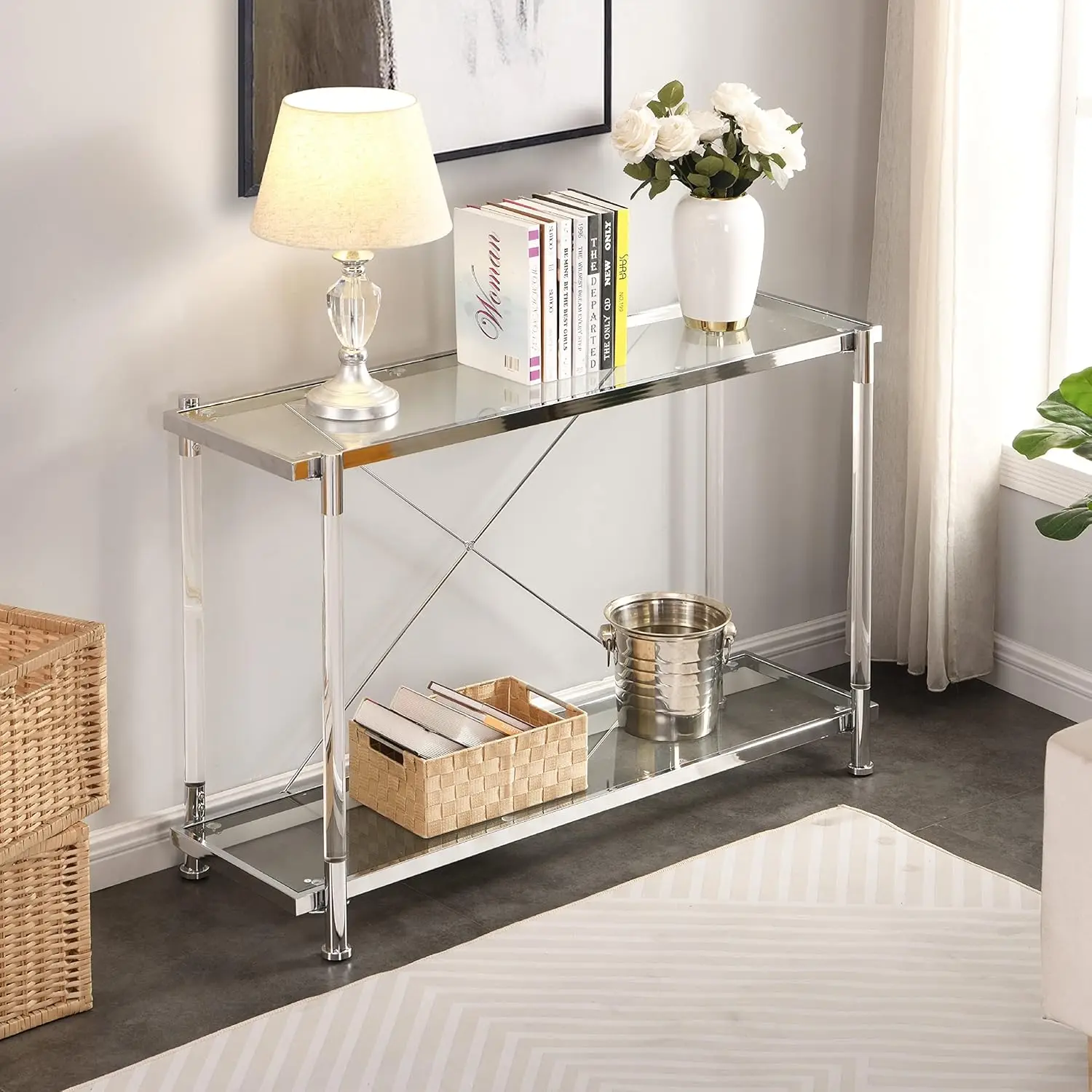 Narrow Console Table Sofa Table with Storage Tempered Glass Top 43.3" W Entryway Living Room, Customized
Narrow Console Table Sofa Table with Storage Tempered Glass Top 43.3" W Entryway Living Room, Customized