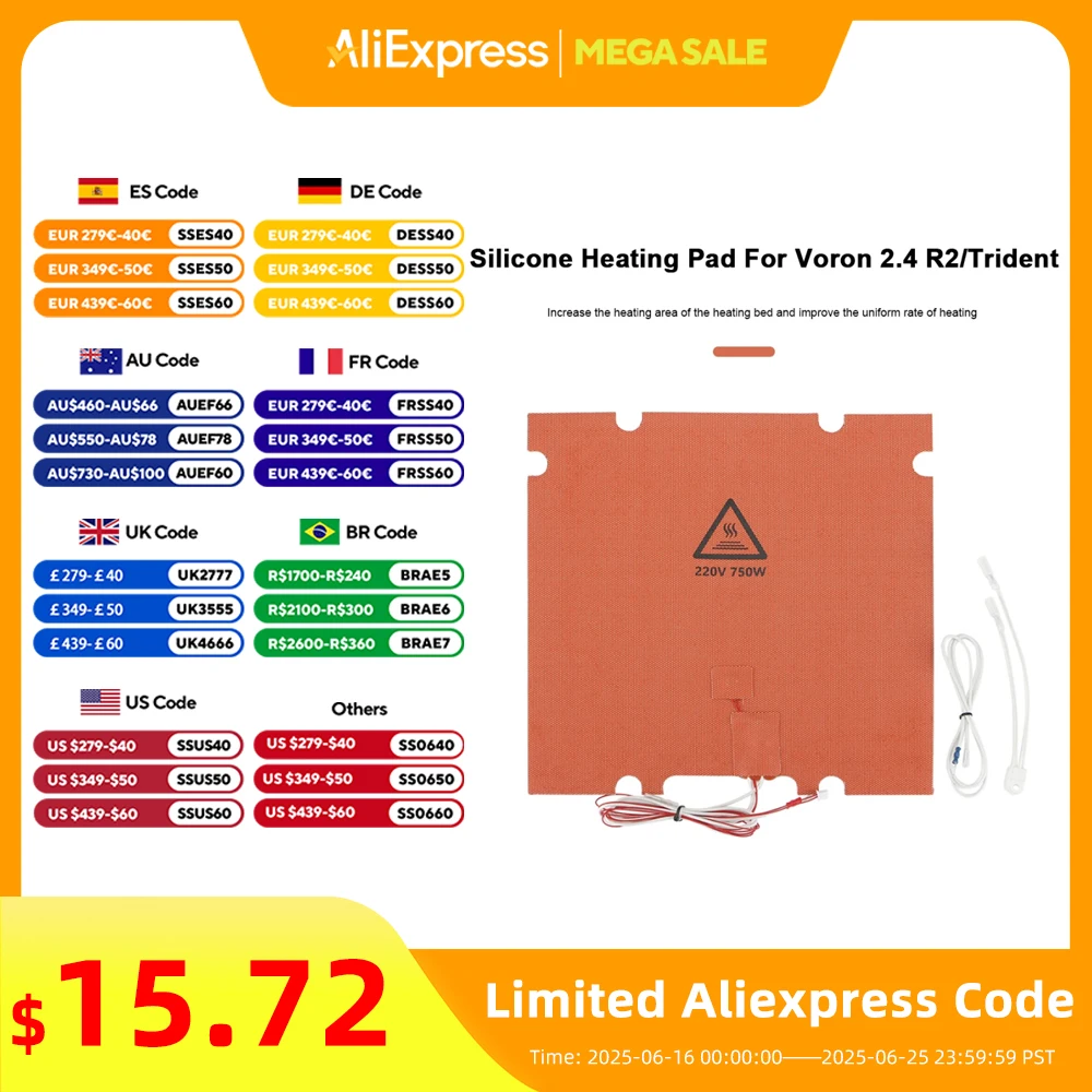 FYSETC Silicone Heated Bed Heating Pad with Point Hole 300/350mm 110V/220V 750W/1000W for Voron 2.4 R2/Trident 3D Printer Parts
FYSETC Silicone Heated Bed Heating Pad with Point Hole 300/350mm 110V/220V 750W/1000W for Voron 2.4 R2/Trident 3D Printer Parts