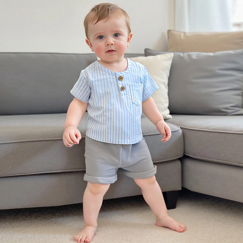 Toddler Boys 2-Piece Outfit Set Short Sleeve Striped Tee and Solid Color Shorts Summer Clothing Set for Baby Boy
Toddler Boys 2-Piece Outfit Set Short Sleeve Striped Tee and Solid Color Shorts Summer Clothing Set for Baby Boy