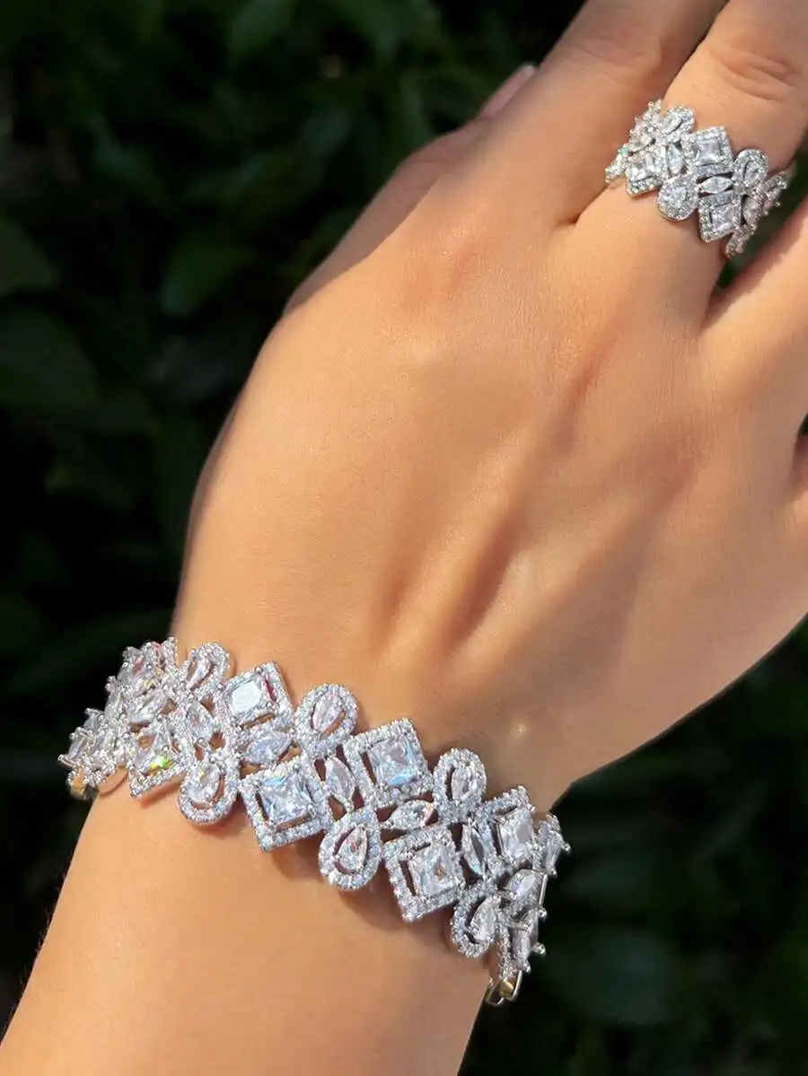 Stunning 5A Cubic Zirconia Floral Cuff Bracelet And Ring Set For Women, Adjustable Open Bangle Jewelry For Wedding Bridal Events
Stunning 5A Cubic Zirconia Floral Cuff Bracelet And Ring Set For Women, Adjustable Open Bangle Jewelry For Wedding Bridal Events