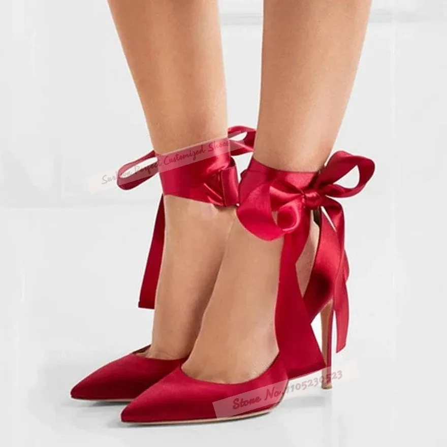 Red Satin Cloth Big Butterfly-Knot Wedding Shoes Stiletto Heels Pointed Toe Ribband Lace-Up Dress Pumps Tied Bowtie Footwear
Red Satin Cloth Big Butterfly-Knot Wedding Shoes Stiletto Heels Pointed Toe Ribband Lace-Up Dress Pumps Tied Bowtie Footwear