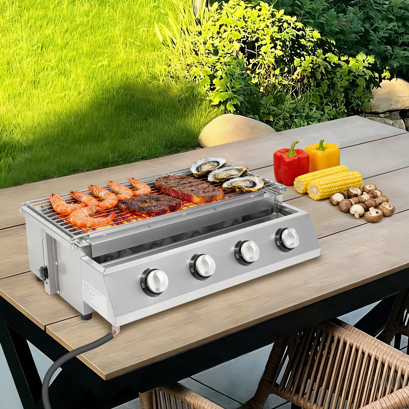 Stainless Steel Outdoor Grill with Steel Cover, 4-Burner, Silver, Adjustable Height 0-2.8in, 22x9.1in Cooking Area, Smoke Reduction, BBQ for Home Outdoor Cooking
Stainless Steel Outdoor Grill with Steel Cover, 4-Burner, Silver, Adjustable Height 0-2.8in, 22x9.1in Cooking Area, Smoke Reduction, BBQ for Home Outdoor Cooking