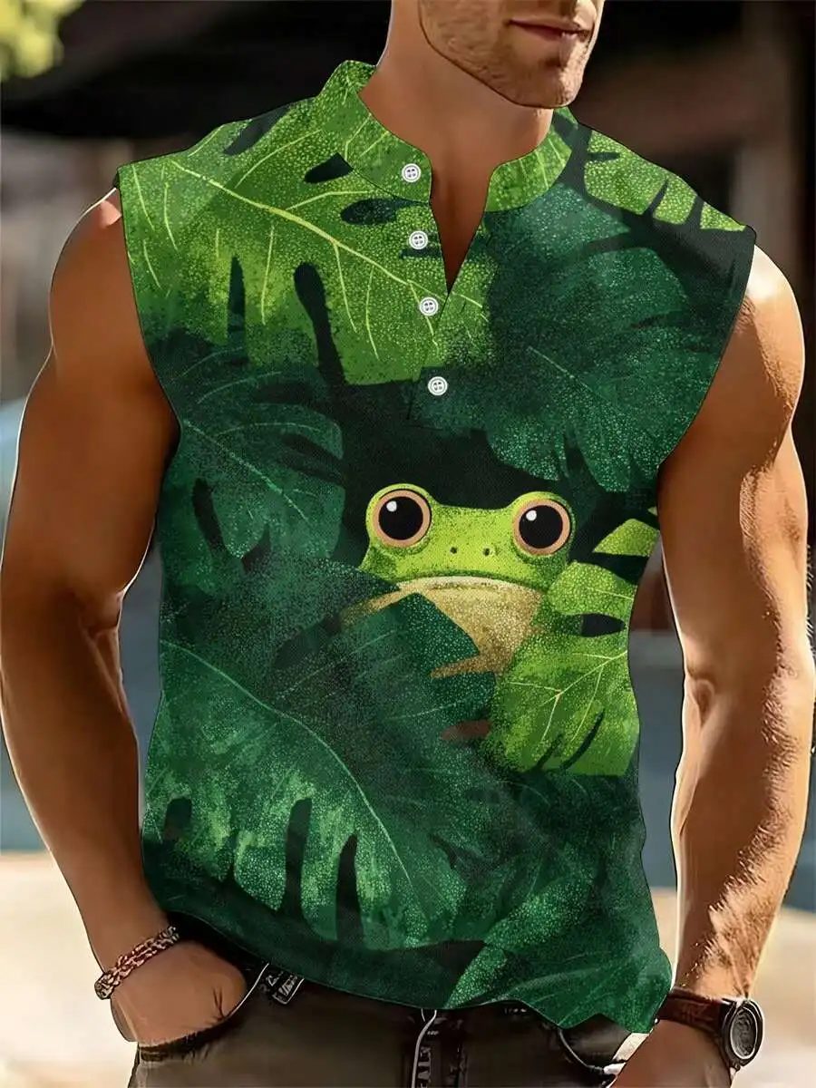 Mens Sleeveless Henley Shirt With Frog Print Casual Summer Top
Mens Sleeveless Henley Shirt With Frog Print Casual Summer Top