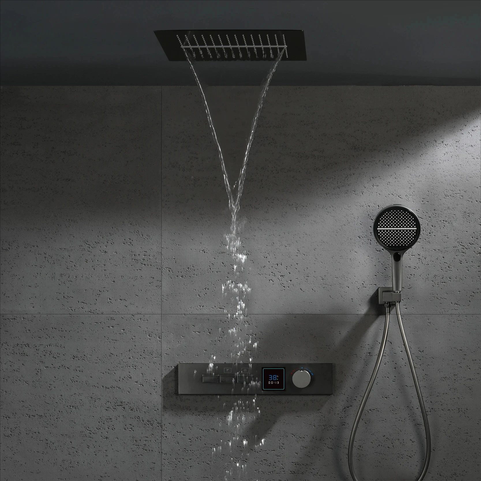 Luxury gun gray brass shower system with LED digital display design Wall mounted constant temperature 3-function bathroom faucet
Luxury gun gray brass shower system with LED digital display design Wall mounted constant temperature 3-function bathroom faucet