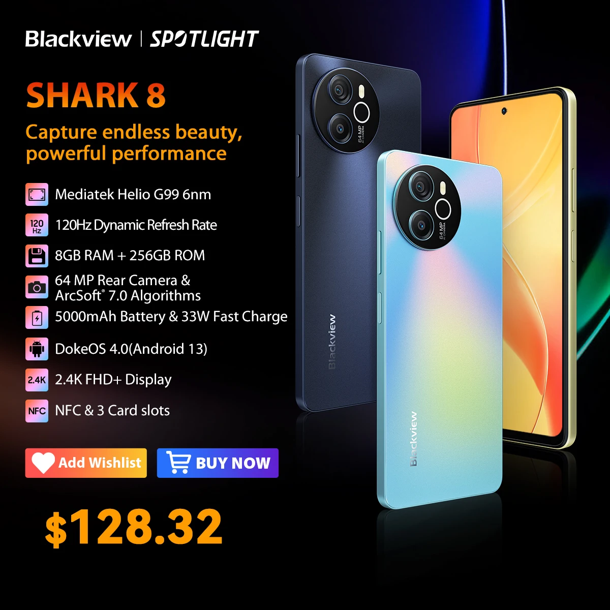 Blackview SHARK 8 Unlocked Smartphone Android13 Mobile Phone, Helio G99 16GB 128GB/256GB, 6.78'' 2.4K Display 64MP Cellphone NFC
Blackview SHARK 8 Unlocked Smartphone Android13 Mobile Phone, Helio G99 16GB 128GB/256GB, 6.78'' 2.4K Display 64MP Cellphone NFC
