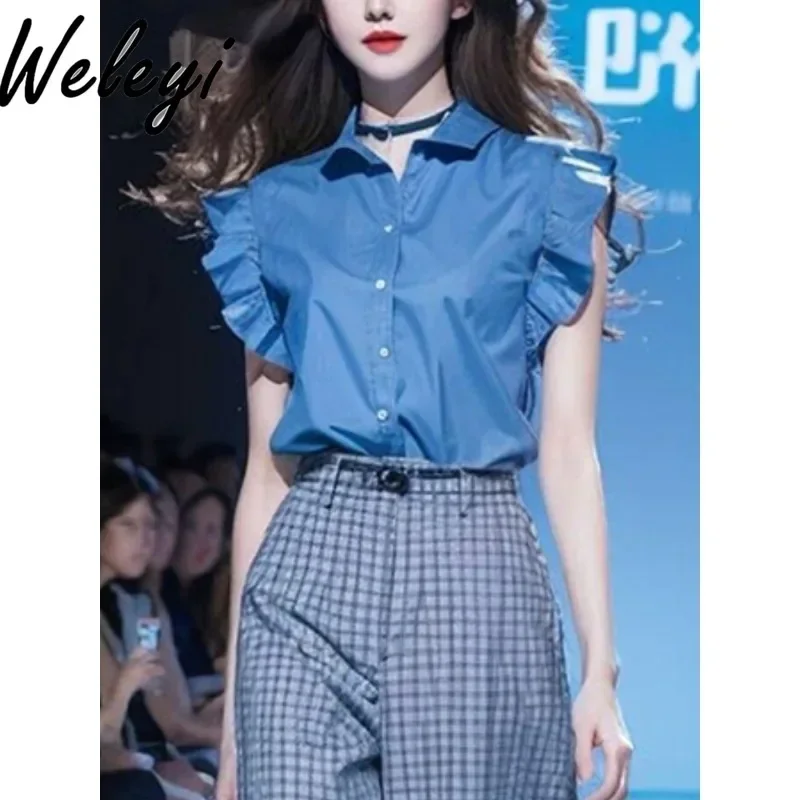 Kawaii High End Ropa Mujer Shirts Tops Summer New Fashionable Poleras Elegant Popular Versatile Casual Blue Flying Sleeves Shirt
Kawaii High End Ropa Mujer Shirts Tops Summer New Fashionable Poleras Elegant Popular Versatile Casual Blue Flying Sleeves Shirt