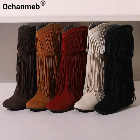 Ochanmeb Wine Red Western Fringe Boots for Women Yellow Increased Heel Boots Black Tassels Without Zip Lady Warm Wide Calf Shoes