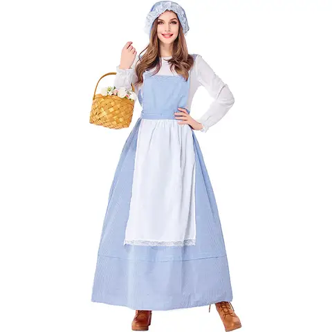 Girl Women Costumes Sexy White Blue Dress Colonial Pioneer Cosplay Farm Maid Apron Costumes Halloween Carnival Party Dresses