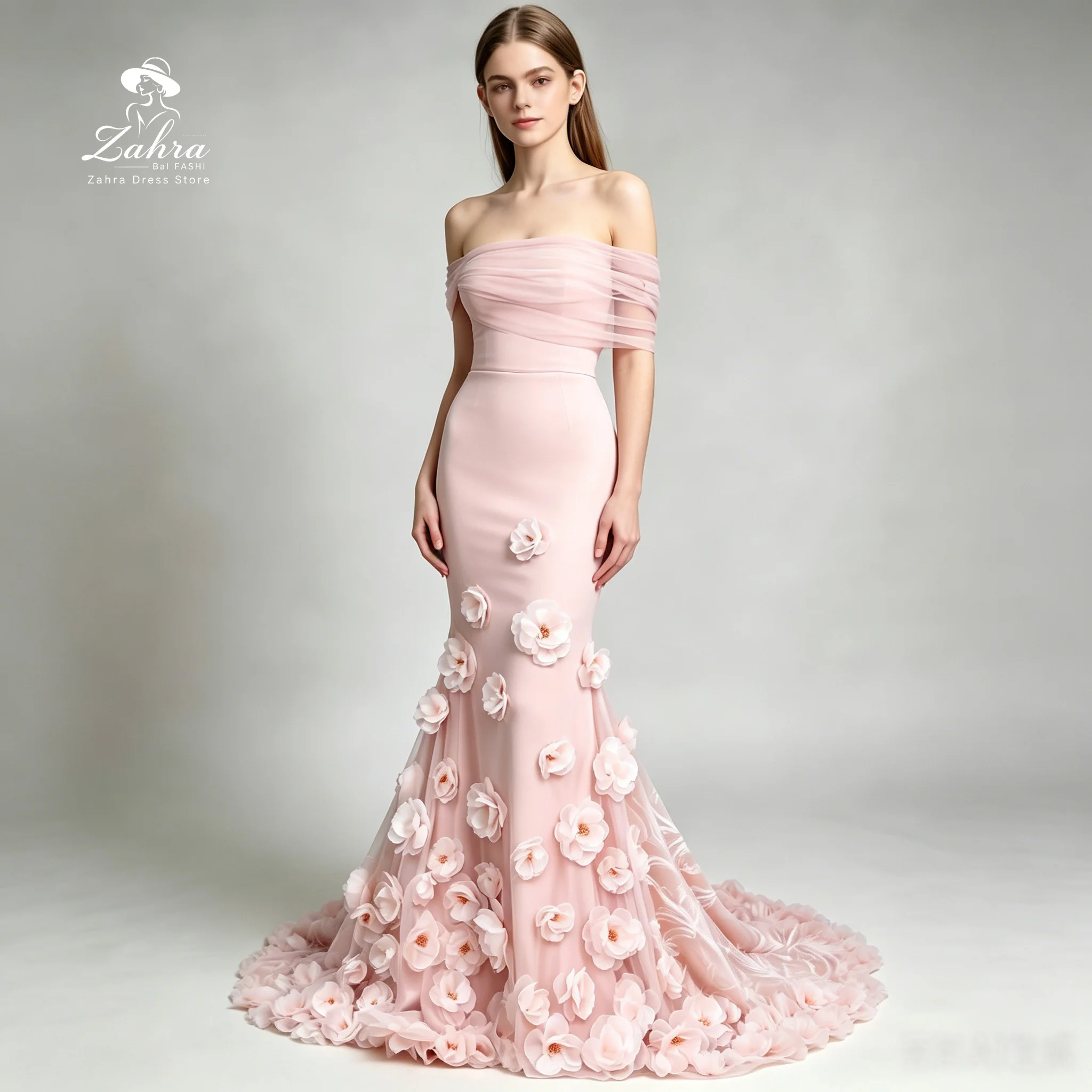 Peach Prom Dresses Draped Tulle Evening Dresses Floral Applique Chapel Train Party Gowns for Formal Occasions
Peach Prom Dresses Draped Tulle Evening Dresses Floral Applique Chapel Train Party Gowns for Formal Occasions