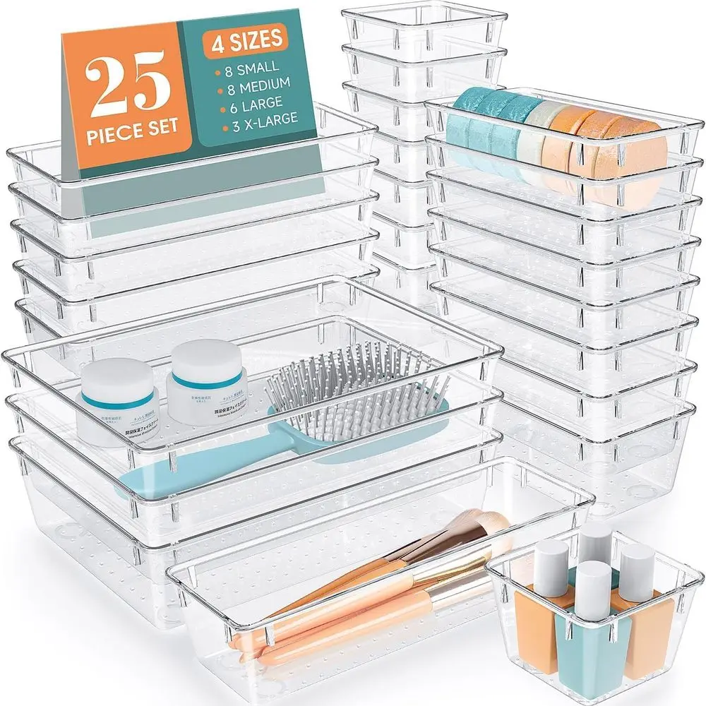 25 PCS Clear Plastic Drawer Organizer Set, 4 Sizes Desk Drawer Divider Organizers and Storage Bins for Makeup, Jewelry, Gadgets
25 PCS Clear Plastic Drawer Organizer Set, 4 Sizes Desk Drawer Divider Organizers and Storage Bins for Makeup, Jewelry, Gadgets