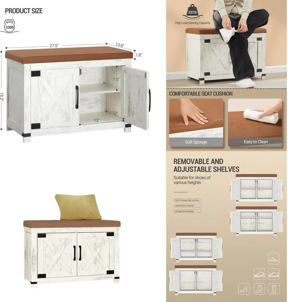 2-Tier Padded Shoe Storage Bench with Barn Doors, Adjustable Shelf, Farmhouse Style, Antique White SB26214KA
2-Tier Padded Shoe Storage Bench with Barn Doors, Adjustable Shelf, Farmhouse Style, Antique White SB26214KA