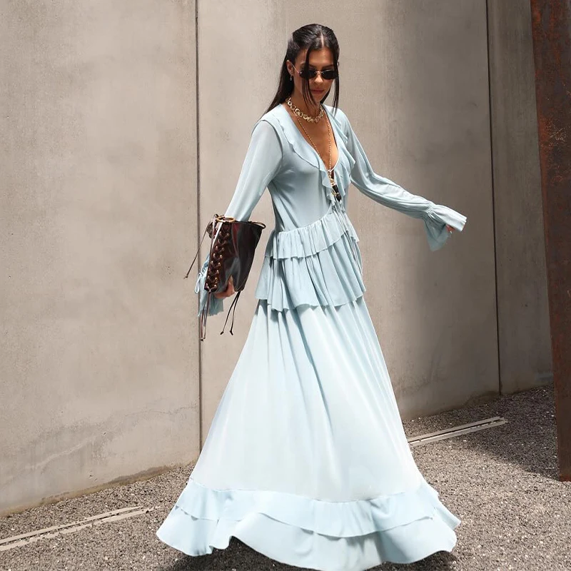 Spring Summer Elegant Female Beach Vacation Women's Ruffle Shirts Skirts Set Long Sleeve V-Neck Loose Lady Set
Spring Summer Elegant Female Beach Vacation Women's Ruffle Shirts Skirts Set Long Sleeve V-Neck Loose Lady Set