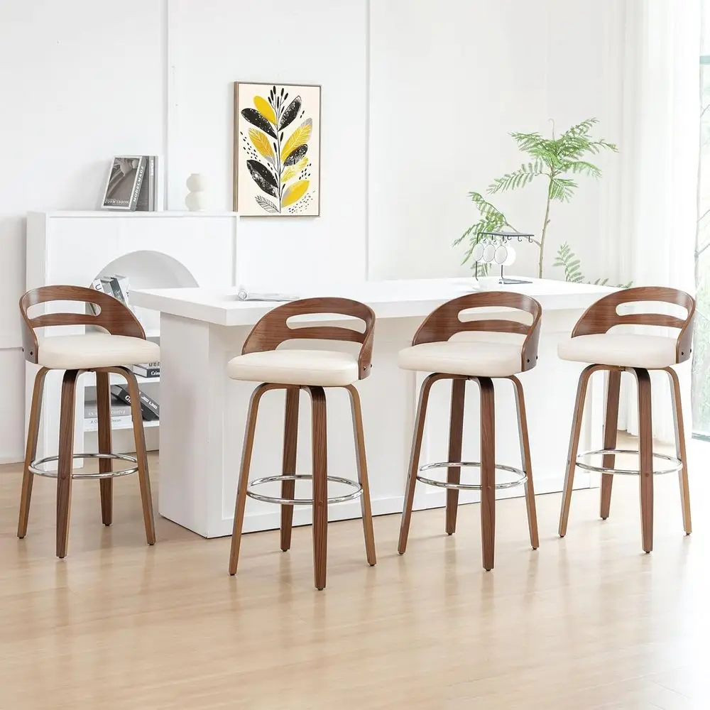 Set of 4 Swivel Bar Stools: Walnut Craftsmanship, Bentwood Back, Upholstered Leather, Beige, 30 Seat Height
Set of 4 Swivel Bar Stools: Walnut Craftsmanship, Bentwood Back, Upholstered Leather, Beige, 30 Seat Height