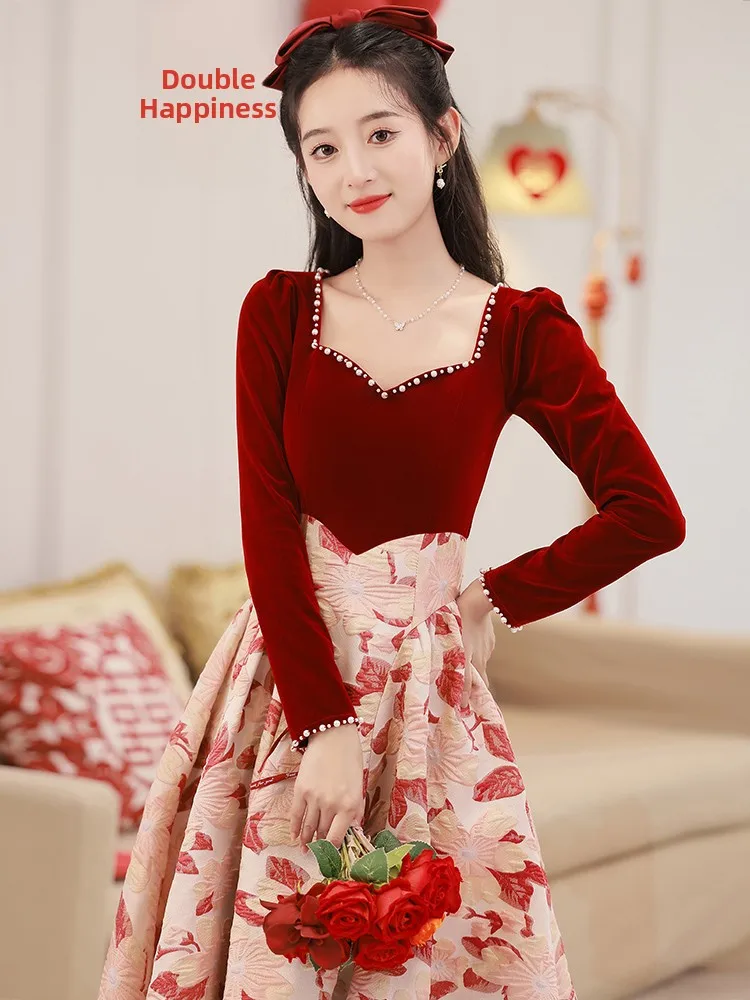 Red Velvet Long Sve Wedding Dr Square Collar Engagement Par Return Home Ceremony Women's Faion Korean Sle Dr
Red Velvet Long Sve Wedding Dr Square Collar Engagement Par Return Home Ceremony Women's Faion Korean Sle Dr