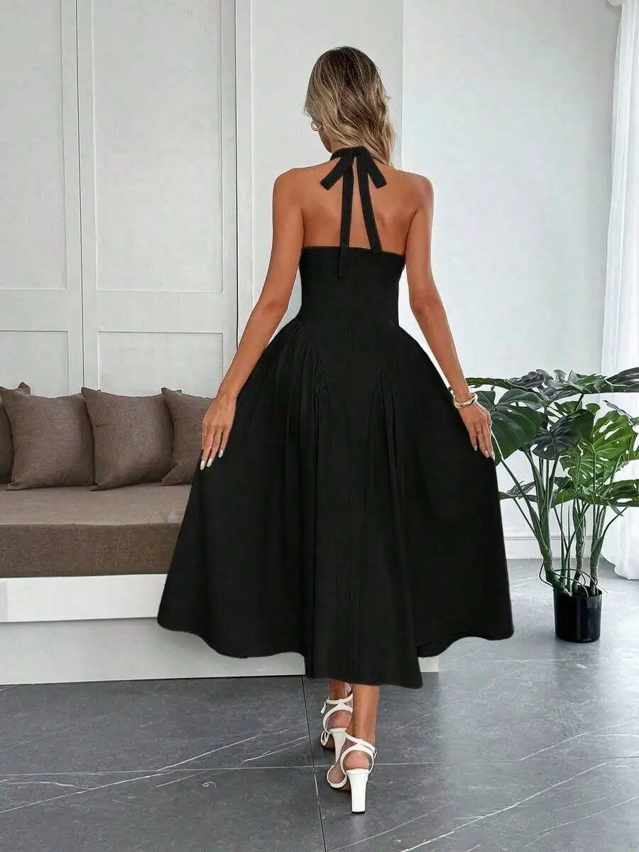 Womens Halter Backless Midi Dress With Ruched Waist And Flared Skirt
Womens Halter Backless Midi Dress With Ruched Waist And Flared Skirt